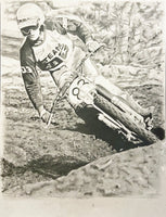 original drawing of Mike Too Tall Bell team DG 1977 riding dirt bike at Mammoth Mountain