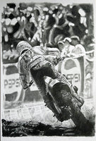 Drawing of  Broc Glover riding dirt bike in 1988 Hangtown Motocross Classic with Pepsi banners and crowd in background