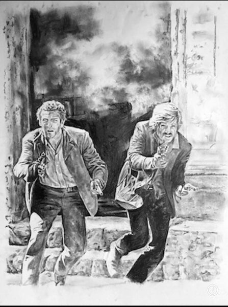 original pencil drawing of Robert redford and Paul Newman in scene from movie Butch Cassidy and the Sundance Kid in the fiery scene  