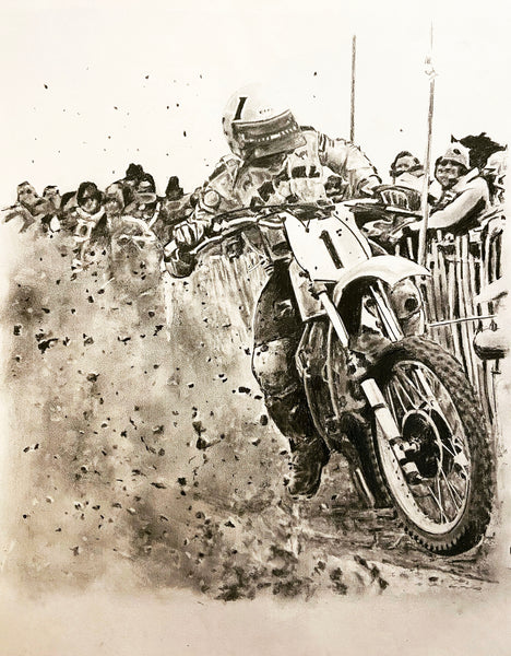 original drawing Roger Decoster on dirtbike at motocross gp 1978 France