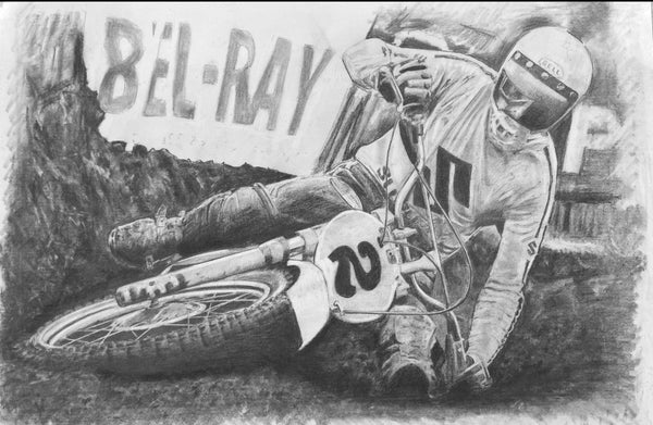 original drawing of Roger Decoster riding for team suzuki on dirt bike in 1976 at Carlsbad msgp motocross race