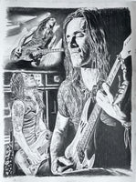 original pencil drawing of 3 different views of Nuno Bettencourt of band Extreme playing guitar 