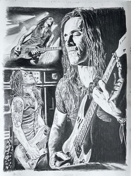 original pencil drawing of Nuno Bettencourt 3 different views playing guitar