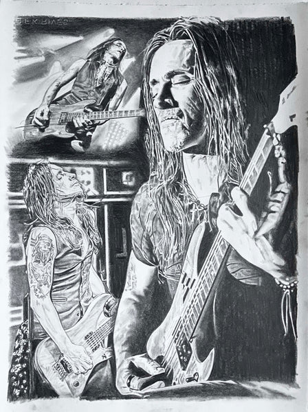 original pencil drawing of 3 different views of Nuno Bettencourt of band Extreme playing guitar 