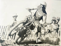 original drawing of Warren Reid on dirt bike at 1976 Hangtown Motocross classic