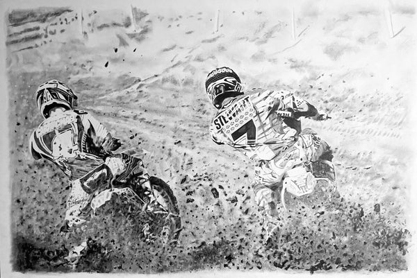 Ricky Carmichael and James Bubba Stewart original drwaring motocross dualing it out in the dirt 