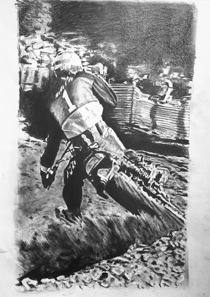 original drawing of Marty Smith wearing 1 jersey riding dirtbike at outdoor race