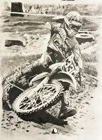 original drawing of Jeff Ward riding dirt bike at outdoor motocross during his rookie year