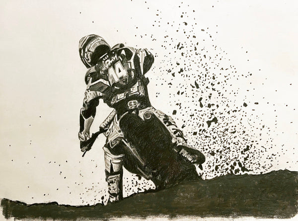 original drawing of Kevin K Dub Windham riding a dirt bike in an out door race