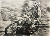 original drawing of Mark The Bomber Barnett Golden Era Motocross Rider number 322 riding dirt bike