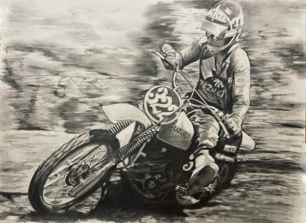 original drawing Mark the bomber barnett golden era motocross rider on dirtbike