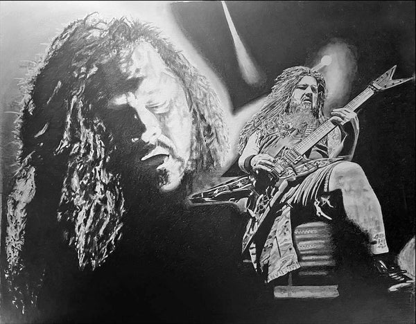 original pencil drawing of 2 different views of Dimebag Darrell Lance Abbott of Pantera playing guitar