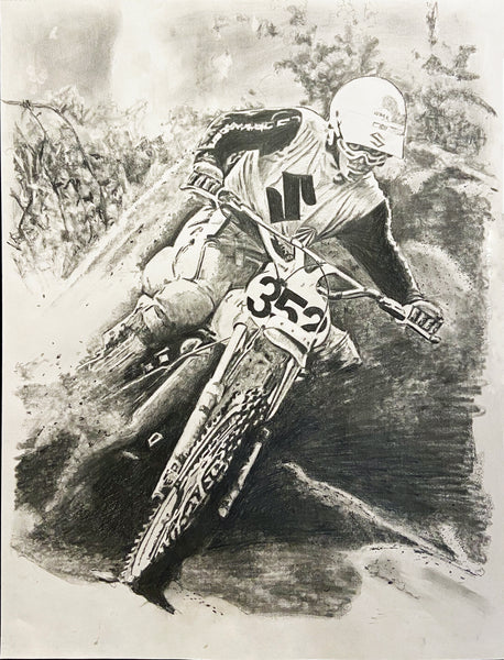 original drawing Danny LaPorte Motocross champion riding dirt bike for team suzuki first day in 1976