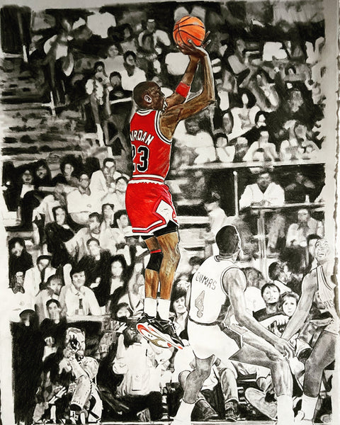 original drawing of Michael Jordan in the air making a basketball shot. all in black and white except Jordan is in color