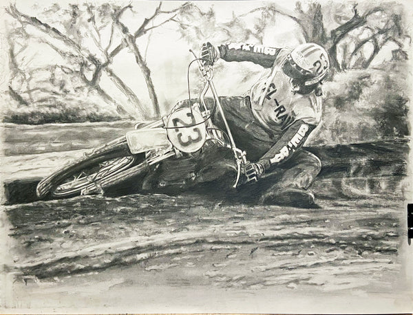 original drawing of Gaylon Mosier riding maico dirt bike during photoshoot for cycleworld photoshoot